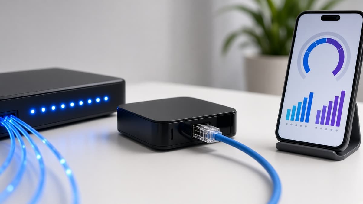 Box fibre et câble Ethernet branchés pour un streaming IPTV stable